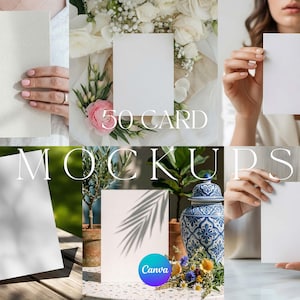 Zestaw makiet kartek okolicznościowych Canva Zestaw 50 edytowalnych szablonów Możliwość dostosowania metodą „przeciągnij i upuść” (rozmiar A7) Pliki JPG PNG i samouczek wideo