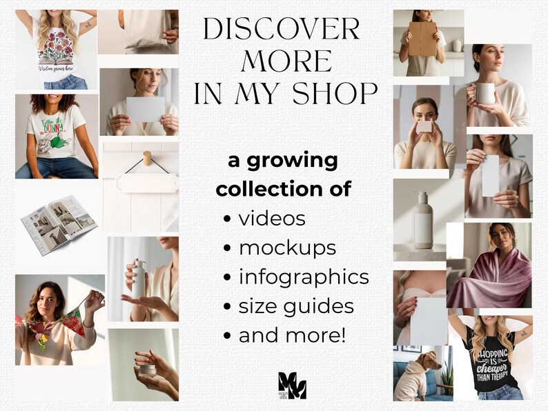 May include: A promotional image with the text "DISCOVER MORE IN MY SHOP" and a list of offerings including videos, mockups, and infographics. The image features various lifestyle product mockups and a dog.