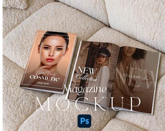 Open Flat Lay Magazine Mockup, Minimal Interior Boucle Lifestyle Book Mockup, Neutral Clean Sunlit PSD Template, Editorial Digital Download
