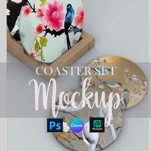 May include: A set of decorative coasters with floral and bird designs. One coaster features a blue bird perched on a branch with pink flowers. The text "COASTER SET Mockup" is displayed.