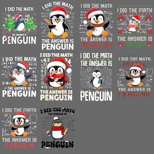 Op de afbeelding: Een verzameling grafische ontwerpen met pinguïns met kerstmutsen en wiskundige thema's. De tekst "I DID THE MATH" en "THE ANSWER IS PENGUIN" staat op elk ontwerp. De pinguïns worden in verschillende poses afgebeeld.