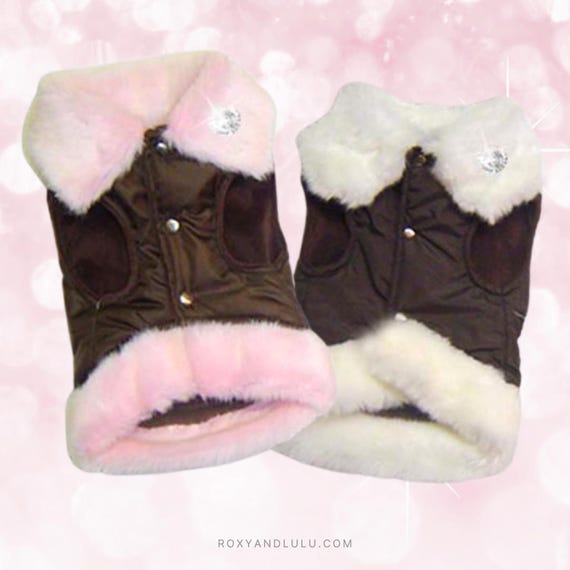 Faux Fur Dog Coat - Espresso Brown Nylon, Velvet Lined