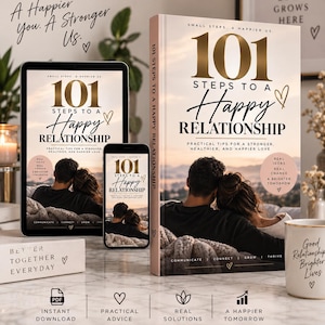 Könnte beinhalten: Ein Buch mit dem Titel 101 Steps to a Happy Relationship, ein Tablet und ein Smartphone, die alle dasselbe Cover mit einem Paar, einer Sonnenuntergangslandschaft und dem Text zeigen: Small Steps, A Happier Us, Real Ideas, Real Change, A Brighter Tomorrow.