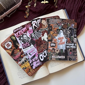 May include: Three rectangular bookmarks featuring vibrant Halloween and horror-themed collages. The designs include illustrations of ghosts, pumpkins, skeletons, and classic horror movie characters with text such as Scream, Ghost Face, and Trick or Treat.