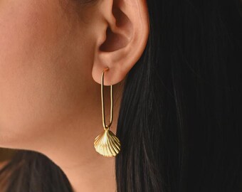 Fossil Hoop Earrings, Long Shell Charm Hanging Earring, 22K Gold Plated