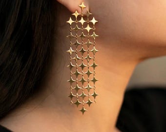 Star Drizzle Earrings, Statement Long Earrings, Designer handmade jewellery, Uniques Christmas gift, Wedding
