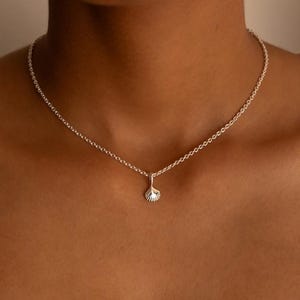 May include: A silver necklace with a small seashell pendant. The pendant is intricately detailed and hangs from a fine chain. The necklace is displayed against a skin tone, showcasing the jewellery's design. The chain is a delicate, fine link.