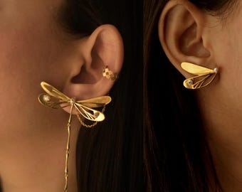 Mismatched Dragonfly Earrings, Asymmetric Dangle Drop Earring, Statement Fun Earrings with Pearl -  Era Stories