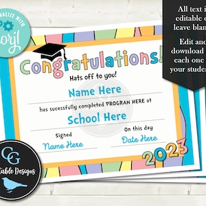 DIY Pastel Rainbow Graduation Certificate Diploma - Any Year - Edit & Download w/ Corjl - Unlimited Edits for the Whole Class - YOU PRINT