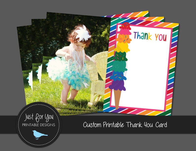 Digital File Printable Photo Thank You Card Birthday Ice Cream and Rainbows YOU PRINT