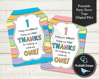 Printable Pastel Rainbow Thank You Tags - 1st First Birthday - Goody Treat Loot Bag Bomboniere - Pink or Blue - YOU PRINT - Instant Download