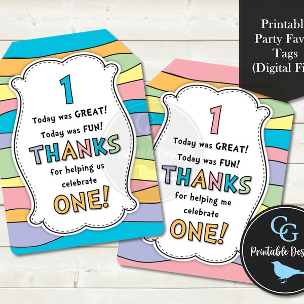 Printable Pastel Rainbow Thank You Tags - 1st First Birthday - Goody Treat Loot Bag Bomboniere - Pink or Blue - YOU PRINT - Instant Download