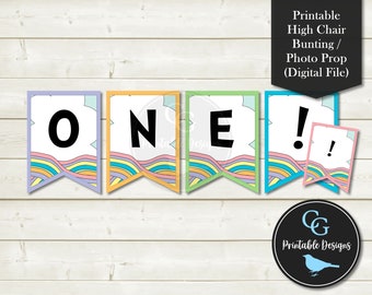 Printable Pastel Rainbow "ONE!" High Chair Cake Smash Bunting Banner - Photography Prop, Birthday Party Decor - YOU PRINT - Instant Download