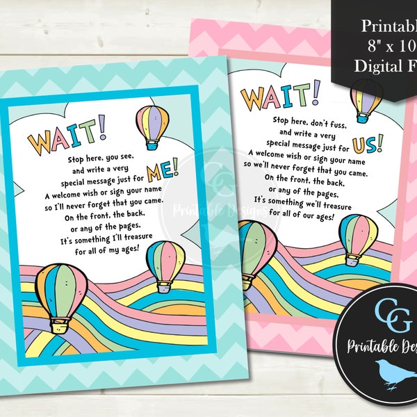 New Baby Wishes Printable - Baby Shower Guest Book Signing Sign - Pastel Rainbow Hot Air Balloons - 8x10" - YOU PRINT Digital Files