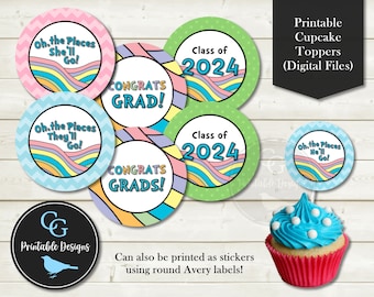 Graduation Class of 2024 - Cupcake Toppers / Tags / Stickers - Pastel Rainbow, Chevron, Polka Dot - Pink/Blue Options - Printable YOU PRINT