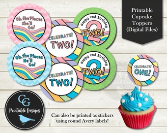 Pastel Rainbow 2nd Second Birthday - Printable Cupcake Toppers & Stickers - Chevron, Polka Dot, Rainbow - YOU PRINT (Digital Files)