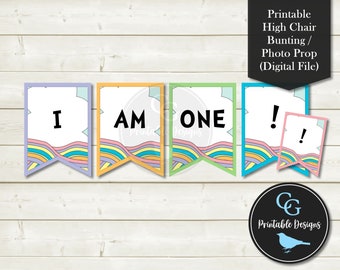 Printable Pastel Rainbow "I Am One!" High Chair Cake Smash Photo Prop - Bunting Banner Garland - 1st First Birthday Party Decor - YOU PRINT