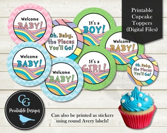 Printable Rainbow Baby Shower Cupcake Toppers / Tags / Stickers - Pastel Rainbow, Chevron, Polka Dot - Pink/Blue/Neutral Options - YOU PRINT