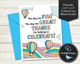 Pastel Rainbow Hot Air Balloons Thank You Card Printable - Birthday, Graduation - Blank Inside - YOU PRINT (Digital File)