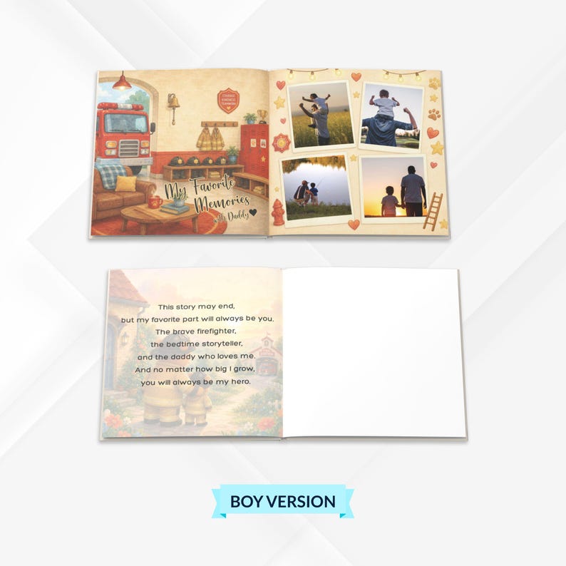 Może przedstawiać: Personalizowana książka z opowiadaniami zatytułowana My Favorite Memories with Daddy, zawierająca ilustracje remizy strażackiej, cztery zdjęcia rodzica z dzieckiem oraz stronę z tekstem o dzielnym strażaku i bohaterze.