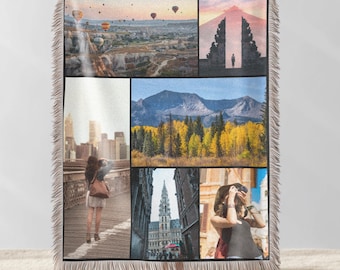 Personalizowany tkany koc ze zdjęciami z podróży, spersonalizowana fototapeta, przytulna dekoracja domu, prezent na rodzinne wspomnienia