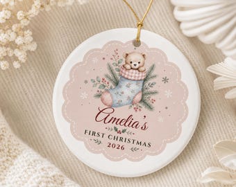 Premier Noël de bébé - Ornement personnalisé pour bébé fille - 1er Noël 2026 - Prénom de bébé (garçon ou fille) - Souvenir de Noël pour nouveau-né