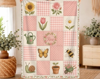 Couverture personnalisée à motif floral de jardin, couverture enfant patchwork à fleurs, cadeau de naissance, souvenir de nouveau-né, couverture tissée rose à motifs botaniques