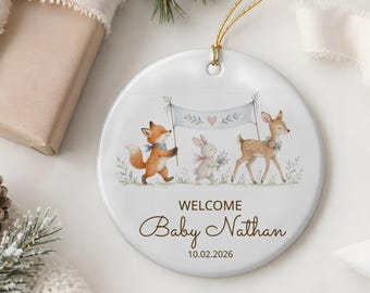 Première décoration de Noël pour bébé - Ornement de Noël en céramique personnalisé avec animaux de la forêt - Cadeau de naissance