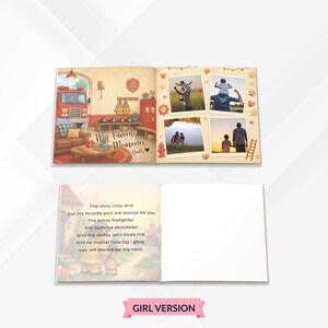 Może przedstawiać: Spersonalizowana książka z opowiadaniami z ilustracjami remizy strażackiej i tekstem My Favorite Memories with Daddy. Strony zawierają cztery zdjęcia rodzica z dzieckiem oraz wiersz o dzielnym strażaku i bohaterze, kt&oacute;ry zawsze będzie kochany.
