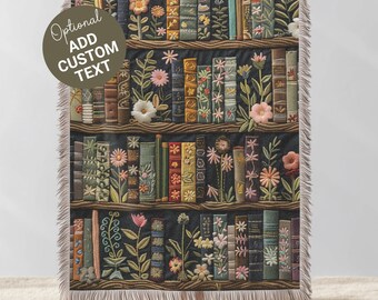 Gewebte Decke für Bücherliebhaberinnen im Vintage-Stil mit Bücherregal-Motiv, Cottagecore-Bibliotheksdecke, Leseecken-Deko, Geschenk für Bücherfreundinnen, Decke mit individuellem Spruch