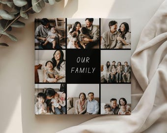 May include: A square photo album cover featuring a grid of eight family photographs surrounding a central black square with the white text "OUR FAMILY". The cover displays various candid moments of family members in indoor settings with neutral tones.