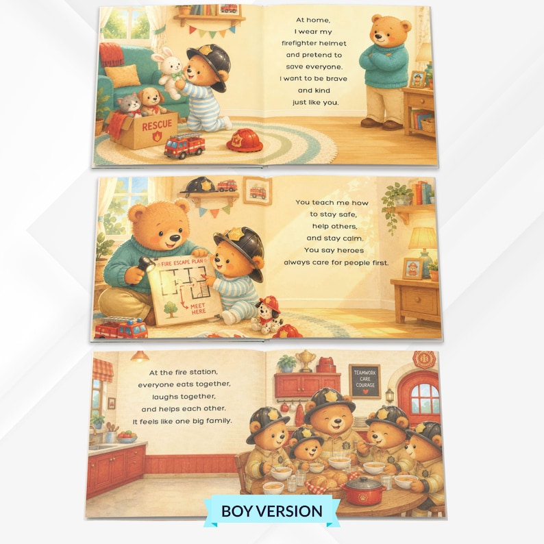 Może przedstawiać: Książka obrazkowa dla dzieci z ilustracjami pluszowych misi&oacute;w przebranych za strażak&oacute;w. Strony przedstawiają misie w niebieskich piżamach i hełmach strażackich, plan ewakuacji oraz grupę misi&oacute;w jedzących wsp&oacute;lnie posiłek w remizie.