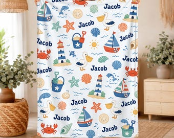 Couverture personnalisée sur le thème de la mer, tapisserie marine, décoration de chambre d'enfant, couverture personnalisée avec prénom, cadeau de naissance, décoration nautique