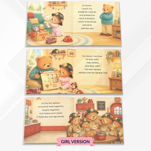 Może przedstawiać: Książka obrazkowa dla dzieci z ilustracjami pluszowych misi&oacute;w przebranych za strażak&oacute;w. Strony przedstawiają misie w domu i remizie strażackiej z tekstem o odwadze, bezpieczeństwie i pracy zespołowej. Książka zawiera etykietę z napisem GIRL VERSION.