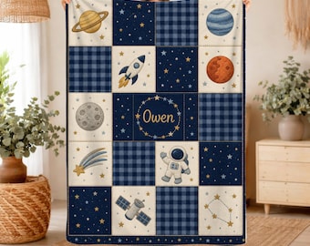 Couverture personnalisée fusée spatiale, couverture bébé garçon personnalisée astronaute, cadeau d'anniversaire sur le thème de l'espace, décoration de chambre d'enfant