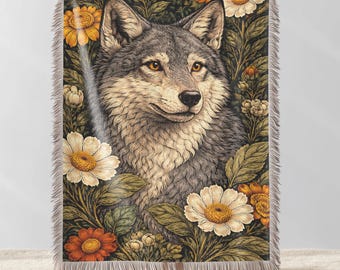 Couverture tissée à motif loup, jeté fleuri style cottagecore, tapisserie animaux de la forêt, décoration chalet