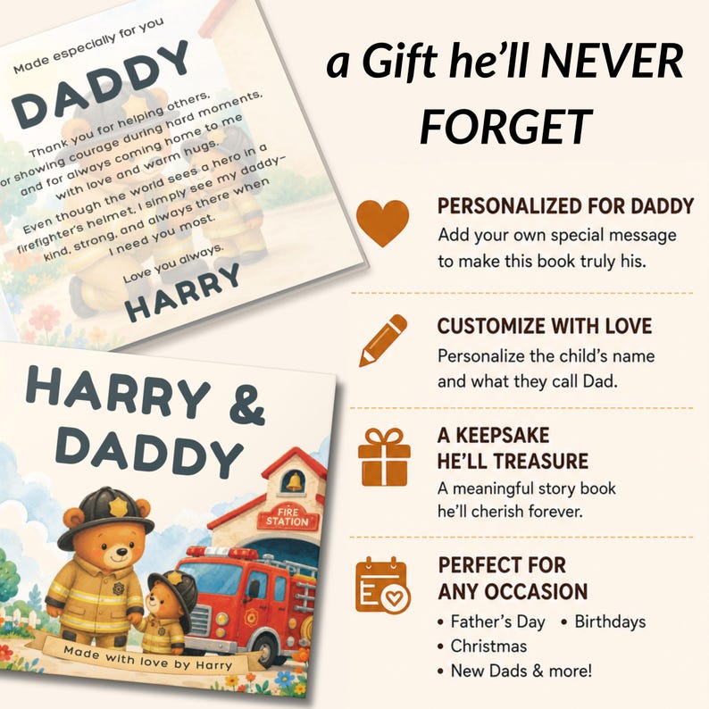 Może przedstawiać: Spersonalizowana książka z opowiadaniami zatytułowana Harry & Daddy z ilustracjami dw&oacute;ch niedźwiedzi przebranych za strażak&oacute;w przed remizą. Książka zawiera stronę z dedykacją o treści Made especially for you DADDY oraz HARRY.