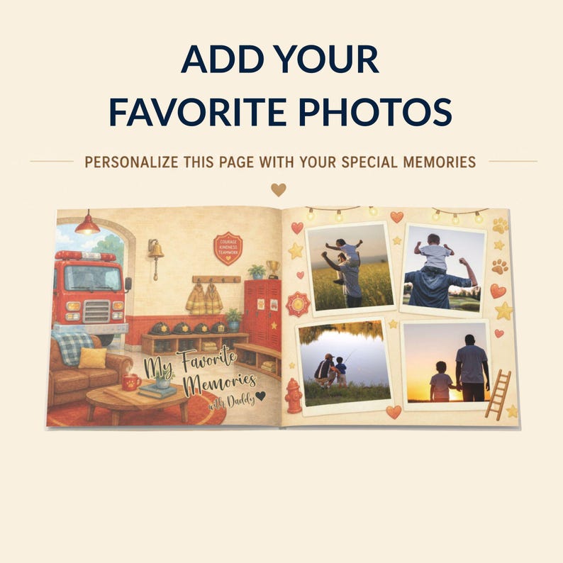 Może przedstawiać: Spersonalizowana fotoksiążka z tekstem ADD YOUR FAVORITE PHOTOS oraz PERSONALIZE THIS PAGE WITH YOUR SPECIAL MEMORIES. Lewa strona zawiera ilustrację remizy strażackiej z napisem My Favorite Memories with Daddy.