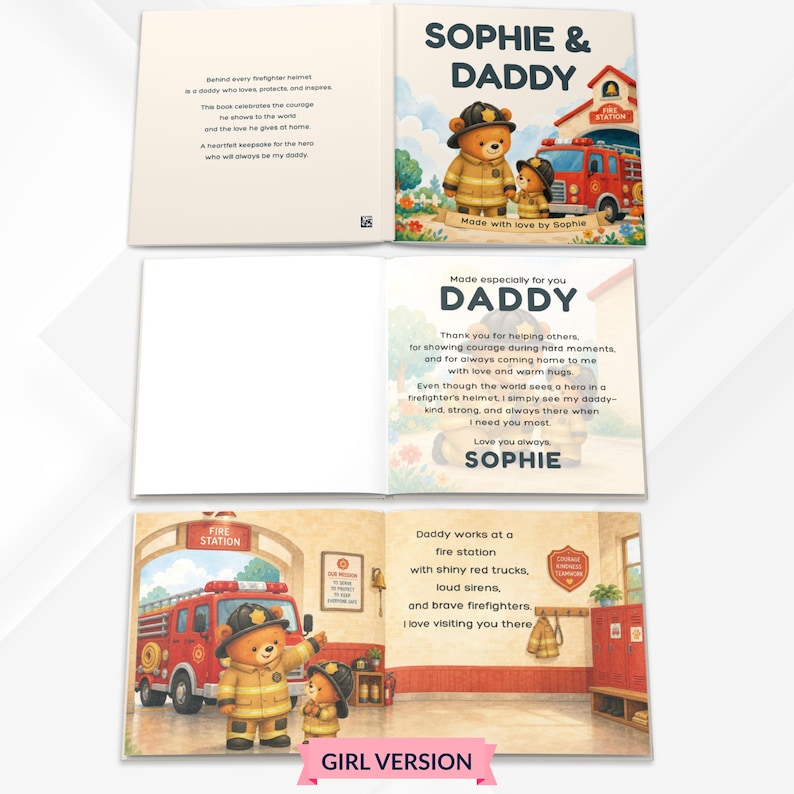 Może przedstawiać: Książka obrazkowa dla dzieci zatytułowana Sophie & Daddy z ilustracjami dw&oacute;ch niedźwiedzi ubranych jak strażacy. Strony zawierają tekst o ojcu pracującym w remizie, w tym czerwony w&oacute;z strażacki, budynek remizy oraz serdeczne wiadomości napisane do ojca przez dziecko o imieniu Sophie.