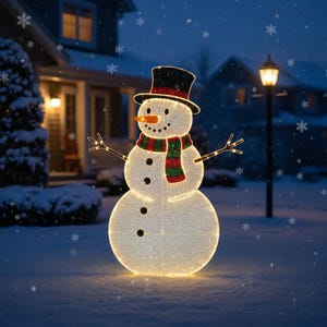 May include: A glowing snowman decoration with a black top hat, carrot nose, and a red and green scarf. The snowman has three black buttons and twig arms with lights. It is set in a snowy yard with a house and street lamp in the background.