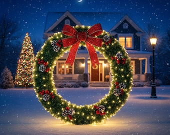 Op de afbeelding: Een grote, verlichte kerstkrans met een rode strik, dennenappels en bessen. De krans staat voor een huis met een verlichte kerstboom en een straatlantaarn. Sneeuw valt, wat een feestelijke winterse scène creëert.