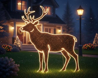 Op de afbeelding: Een glinsterend rendier als tuinversiering, omlijnd met warmwitte lichten. Het rendier staat op een groen gazon, met een huis versierd voor de feestdagen op de achtergrond. Een lantaarnpaal en een halve maan zijn zichtbaar.
