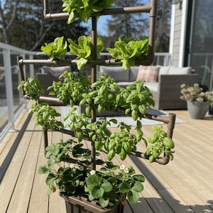 May include: A brown, multi-tiered vertical garden planter with various plants. The top tiers hold leafy green lettuce, the middle tiers have basil, and the bottom has strawberries. The planter is made of brown pipes and sits on a wooden deck.