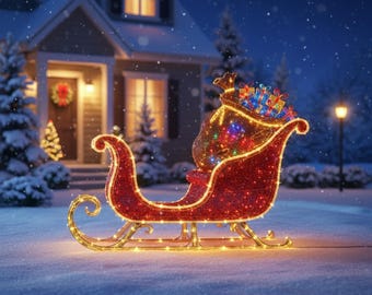 Op de afbeelding: Een verlichte kerstslee met een rode basis en gouden details, gevuld met kleurrijk verpakte cadeaus. De slee staat in een besneeuwde tuin voor een huis, met een krans op de deur en een nachtelijke achtergrond.