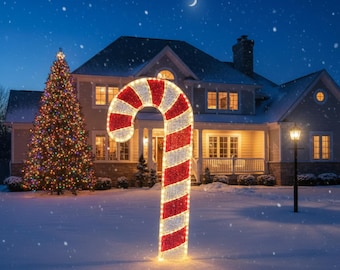 Op de afbeelding: Een grote, verlichte zuurstokdecoratie met rode en witte strepen staat in een besneeuwde tuin. Een versierde kerstboom en een huis staan op de achtergrond. De scène speelt zich 's nachts af met een halve maan aan de hemel.