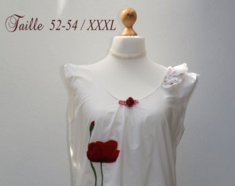 Robe femme blanc, rouge, rose et vert en coton et feutre artisanal "Un après-midi à la campagne.."