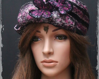 yellow and green women/'s hat in handmade felt and Tournesol silk Black
