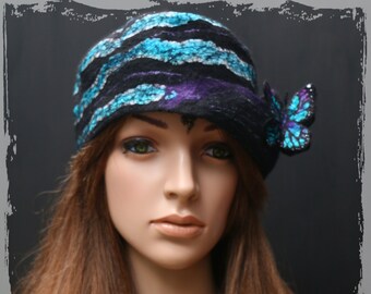 yellow and green women/'s hat in handmade felt and Tournesol silk Black