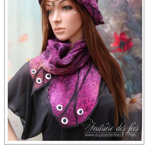 Black, mauve, and white felt and silk stash scarf – "Sylphide" with secret pocket