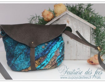 Mini sac à main feutre et soie, turquoise, ocre et noir "Agatha"